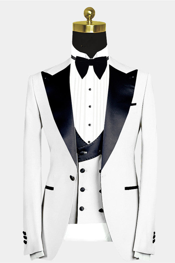 White Slim Fit Peaked Lapel Wedding Suit For Men-BallBride