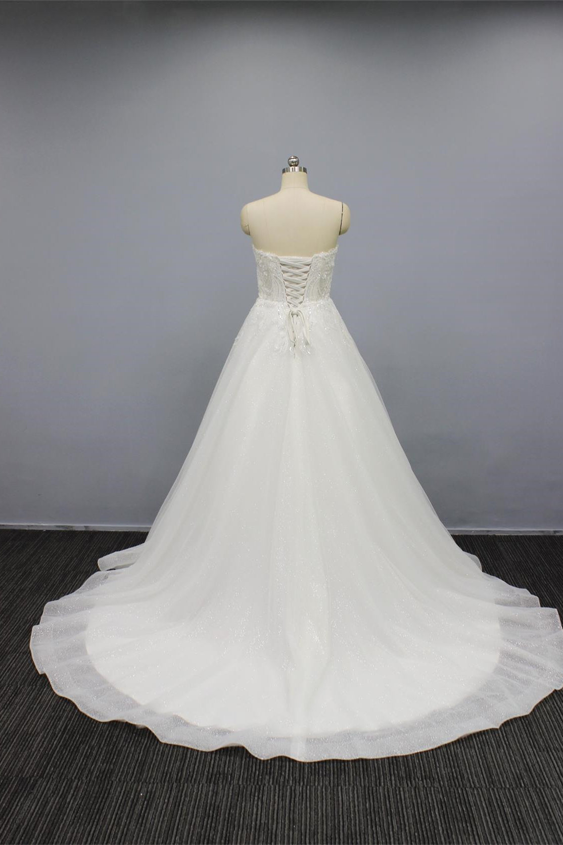 White Strapless A Line Wedding Dress with Tulle Appliques, Beading & Glitter Powder-BallBride