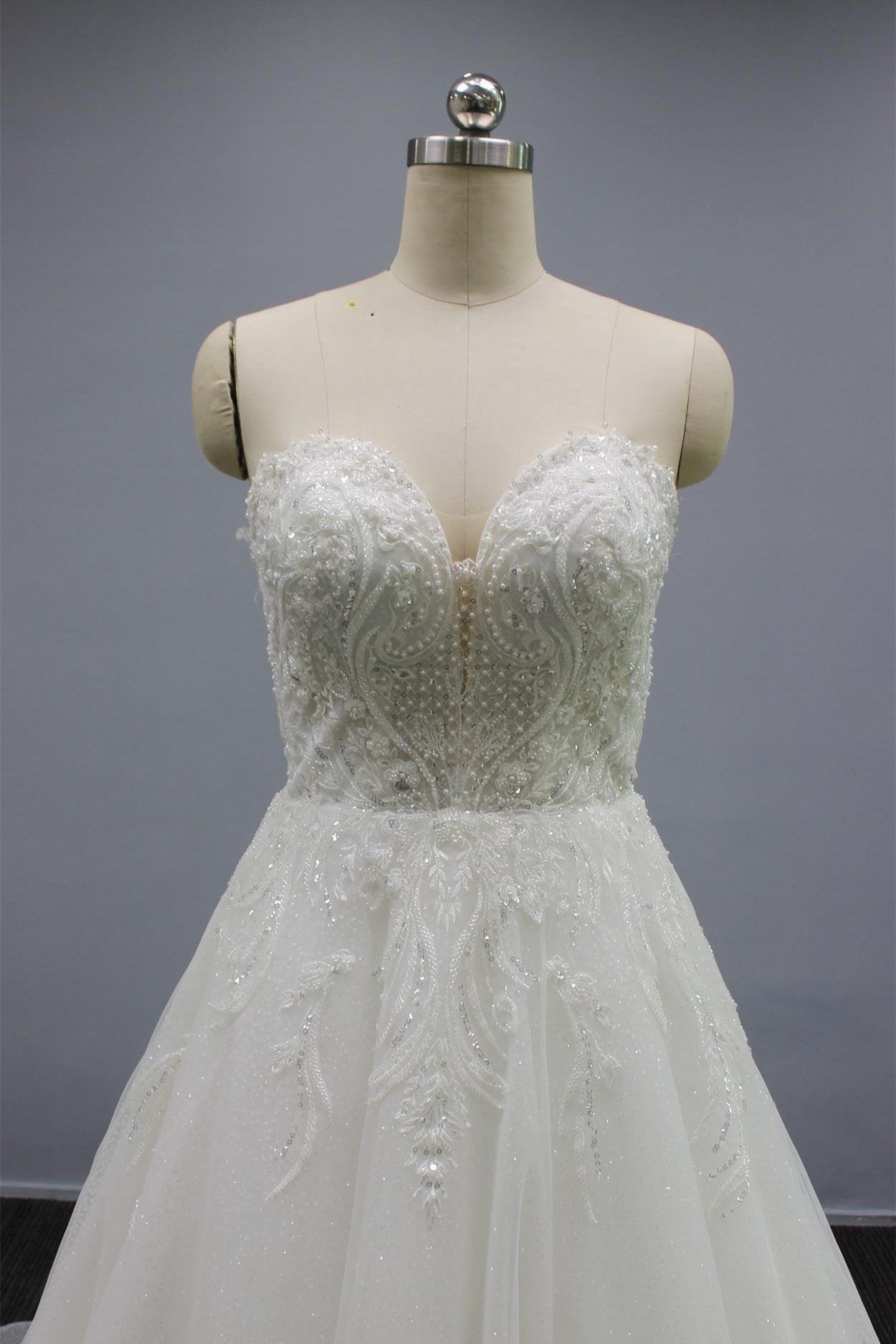 White Strapless A Line Wedding Dress with Tulle Appliques, Beading & Glitter Powder-BallBride