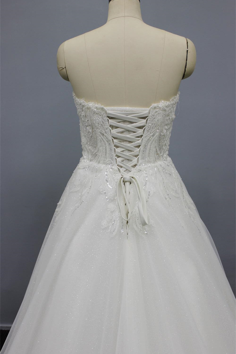 White Strapless A Line Wedding Dress with Tulle Appliques, Beading & Glitter Powder-BallBride