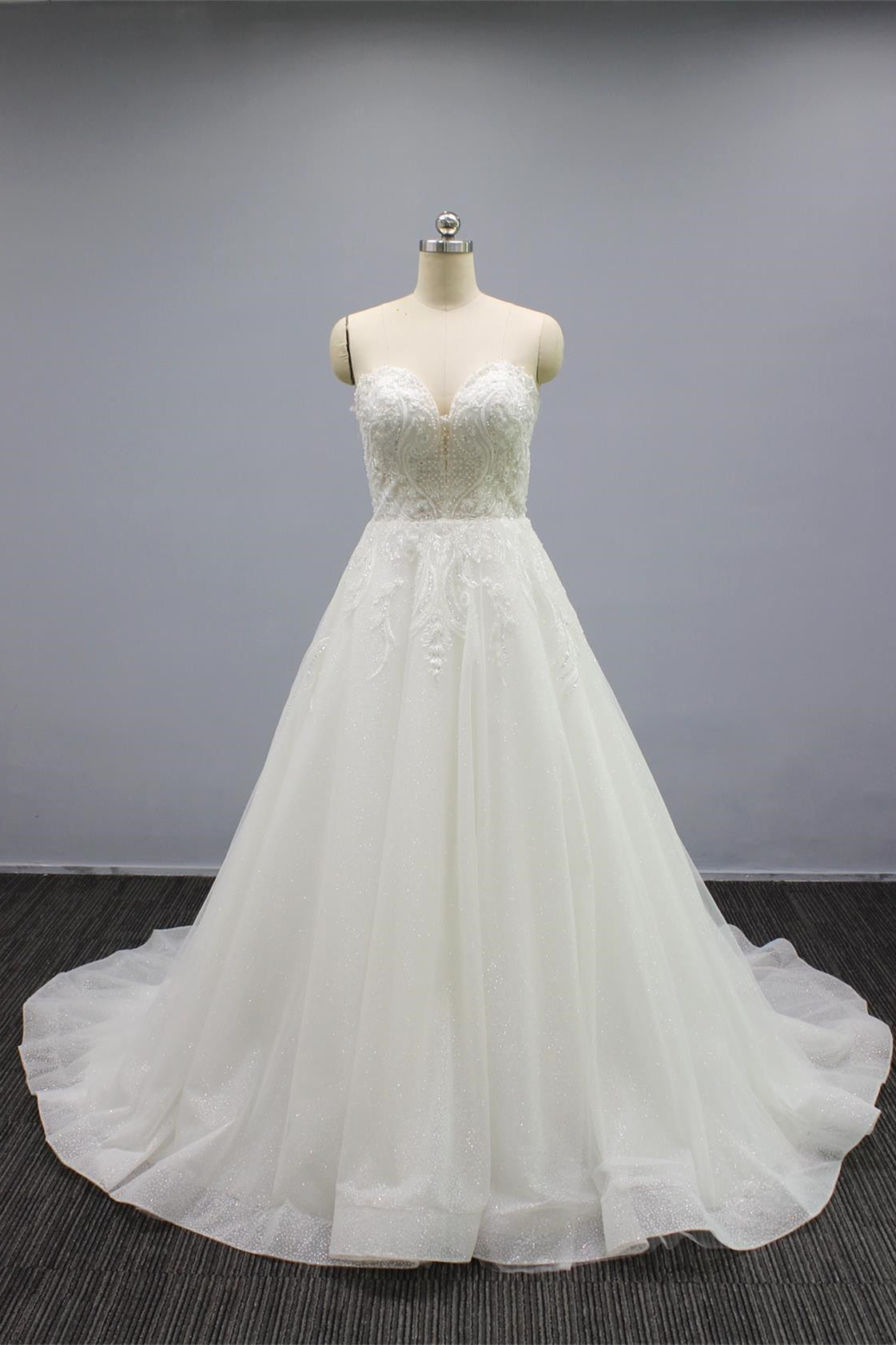 White Strapless A Line Wedding Dress with Tulle Appliques, Beading & Glitter Powder-BallBride