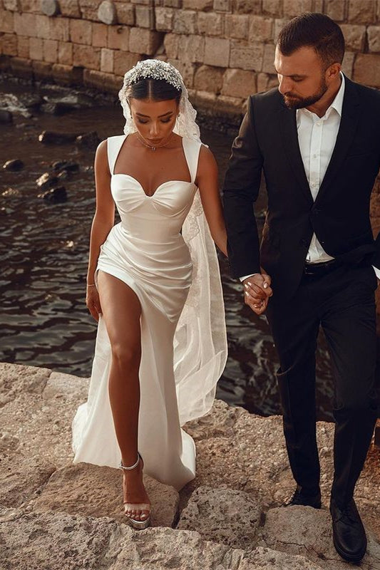 White Sweetheart Mermaid Wedding Dress With Split-BallBride