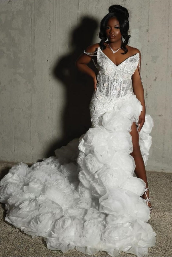 White Sweetheart Sheath Organza Side Slit Flowers Prom Dresses-BallBride