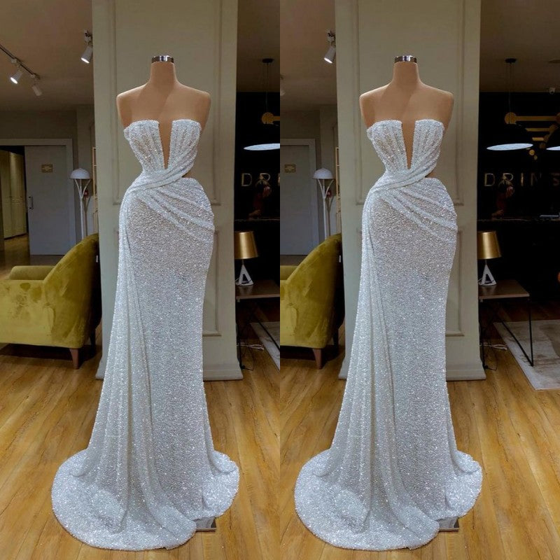 White Sweetheart Sheath Sequins Ruffles Prom Dress-BallBride