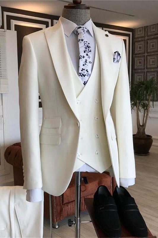 White Three Pieces Peaked Lapel Bespoke Suits for Men | Perfect for Wedding & Prom-BallBride
