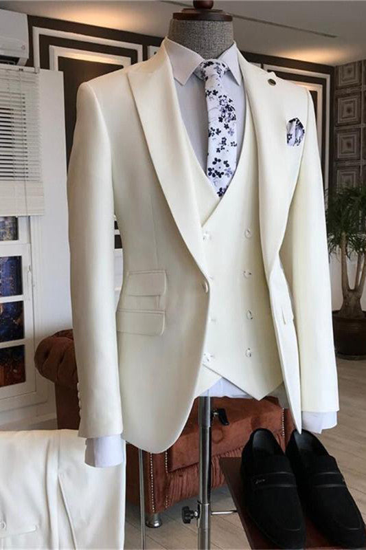 White Three Pieces Peaked Lapel Bespoke Suits for Men | Perfect for Wedding & Prom-BallBride