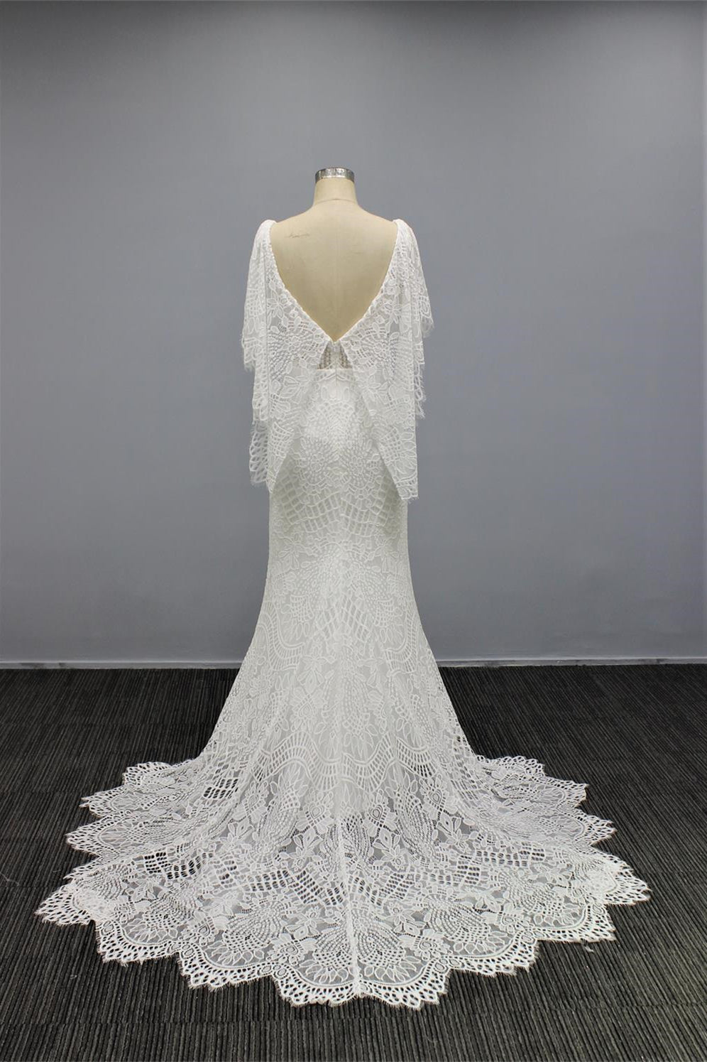 White V Neck Cap Sleeves Wedding Dress Mermaid With Sweep-BallBride