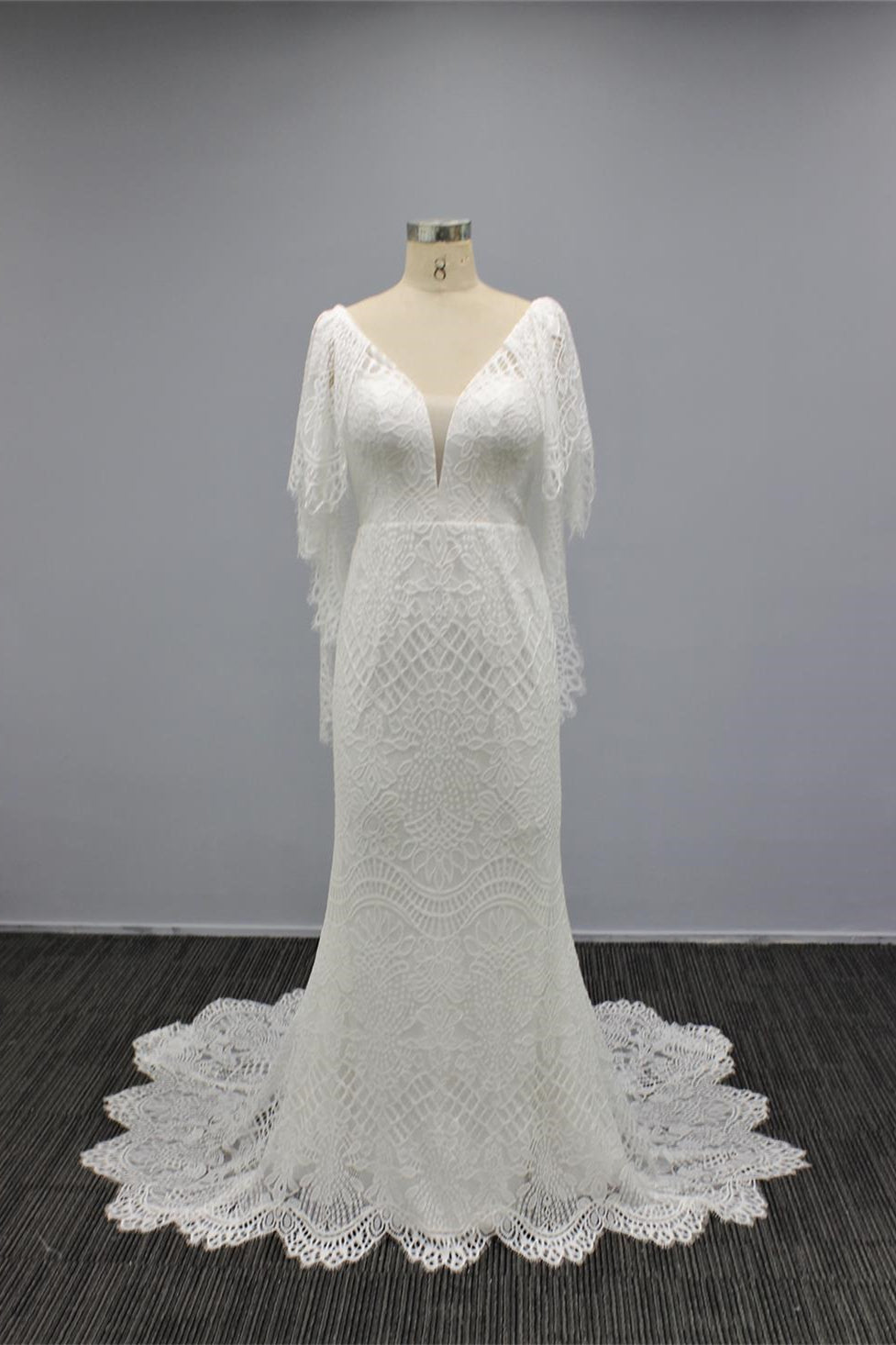 White V Neck Cap Sleeves Wedding Dress Mermaid With Sweep-BallBride