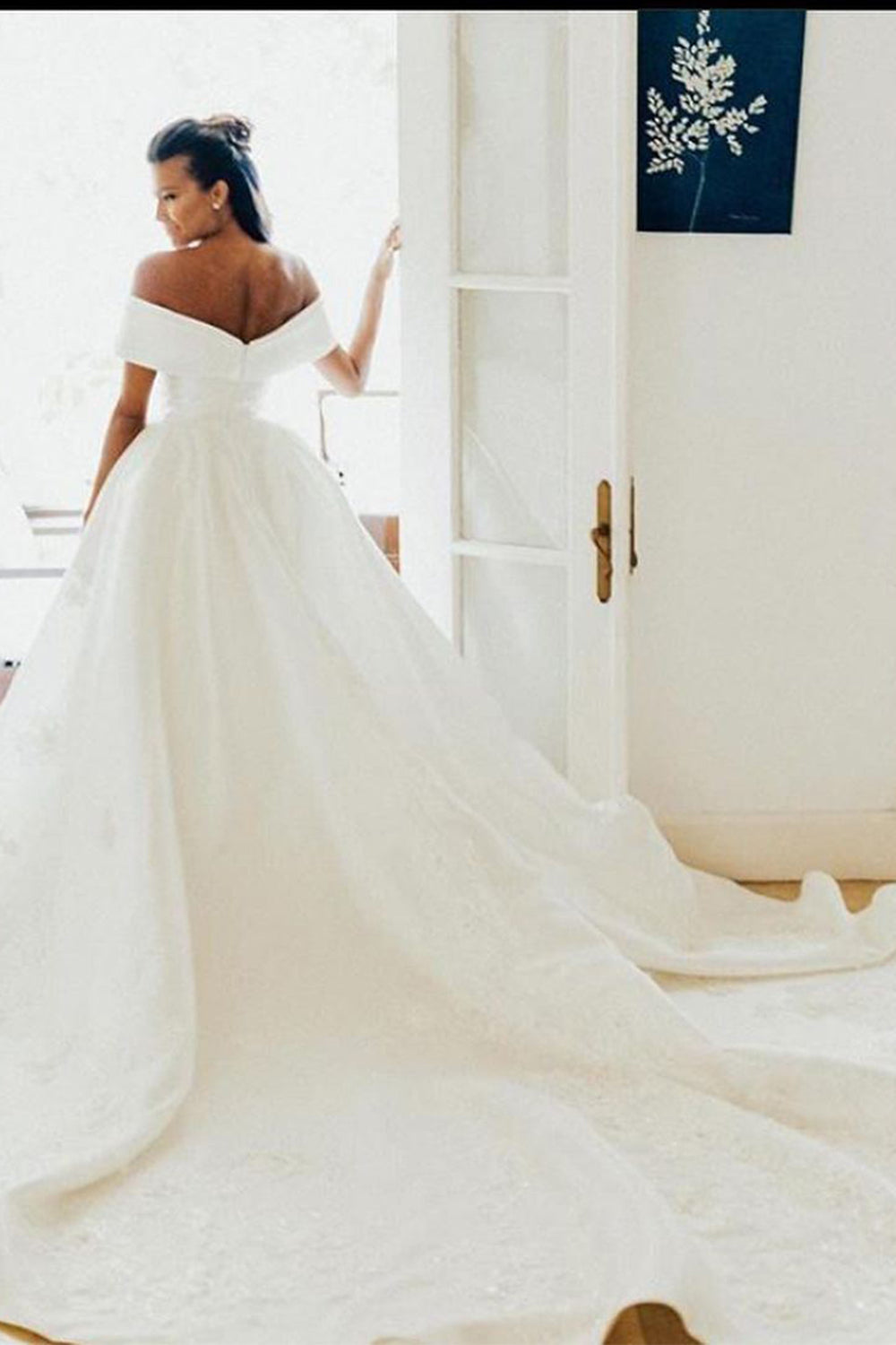White V-Neck Off The Shoulder Ball Gown Wedding Dress with Lace-BallBride
