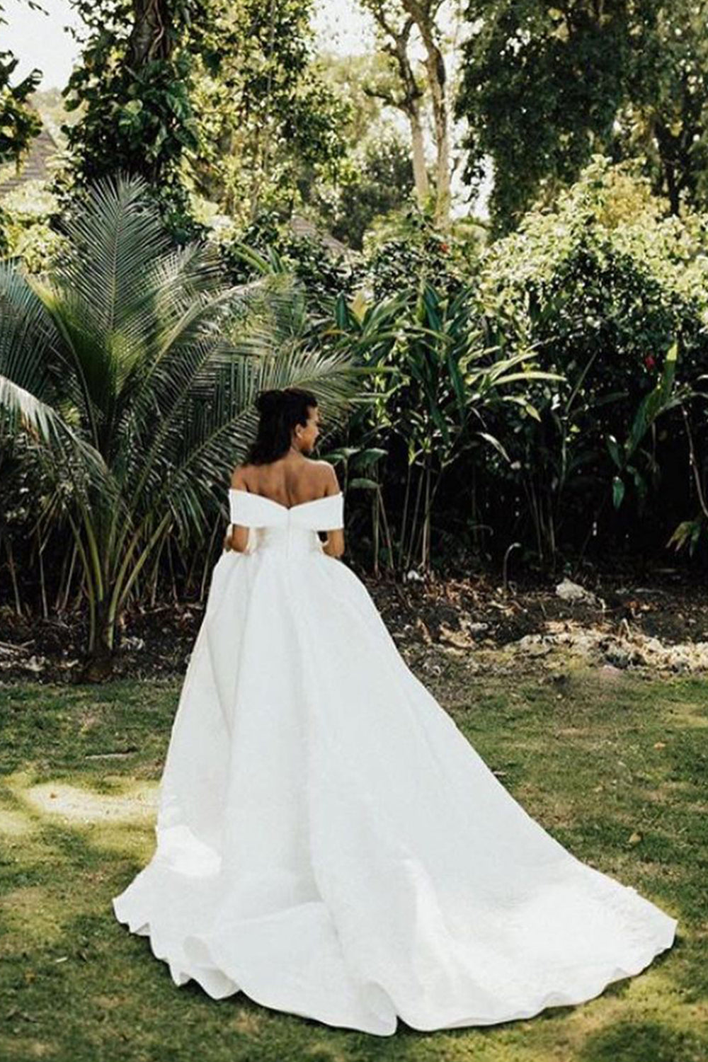 White V-Neck Off The Shoulder Ball Gown Wedding Dress with Lace-BallBride
