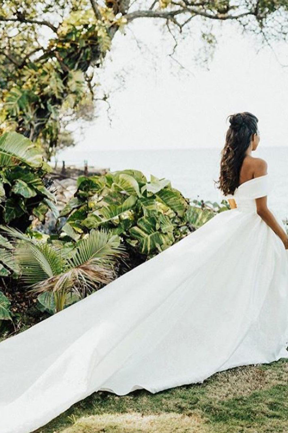 White V-Neck Off The Shoulder Ball Gown Wedding Dress with Lace-BallBride