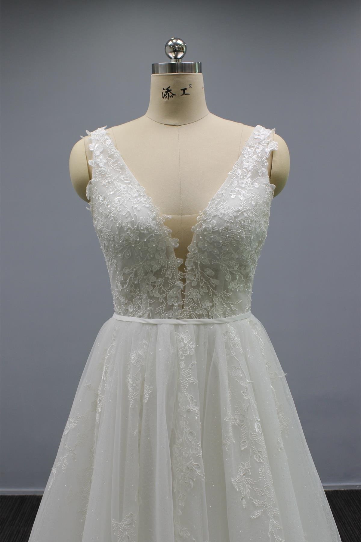 White V Neck Tulle Wedding Dress with Flower Appliques & Beaded Open Back-BallBride