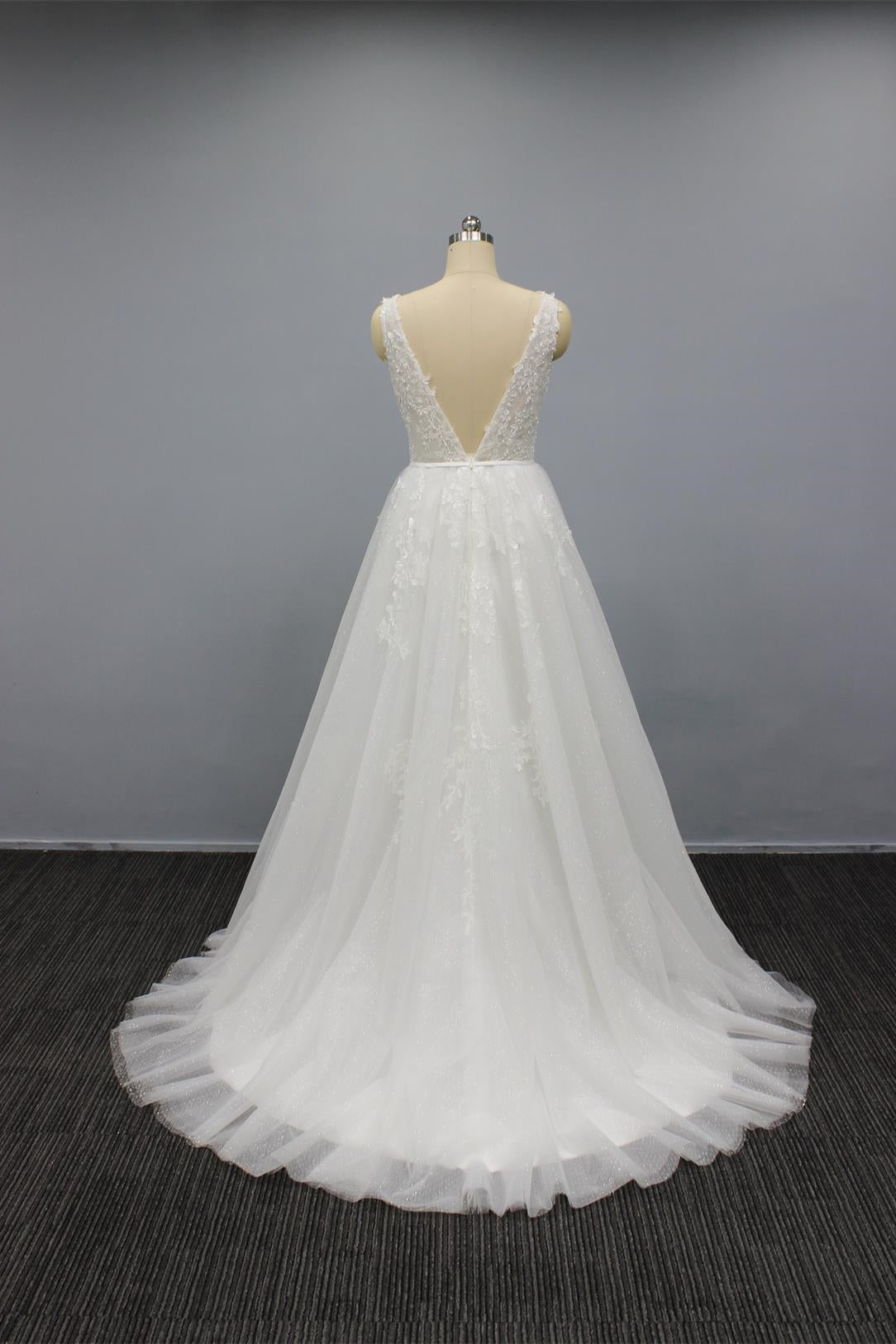 White V Neck Tulle Wedding Dress with Flower Appliques & Beaded Open Back-BallBride