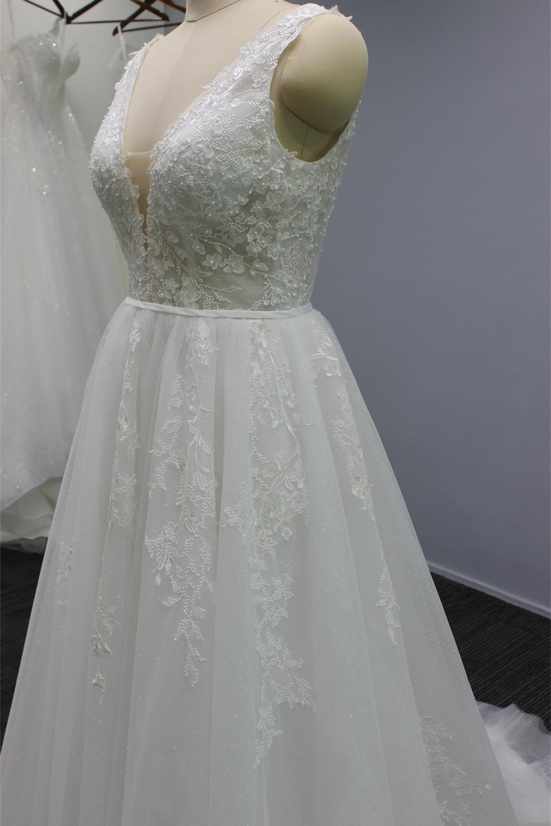 White V Neck Tulle Wedding Dress with Flower Appliques & Beaded Open Back-BallBride