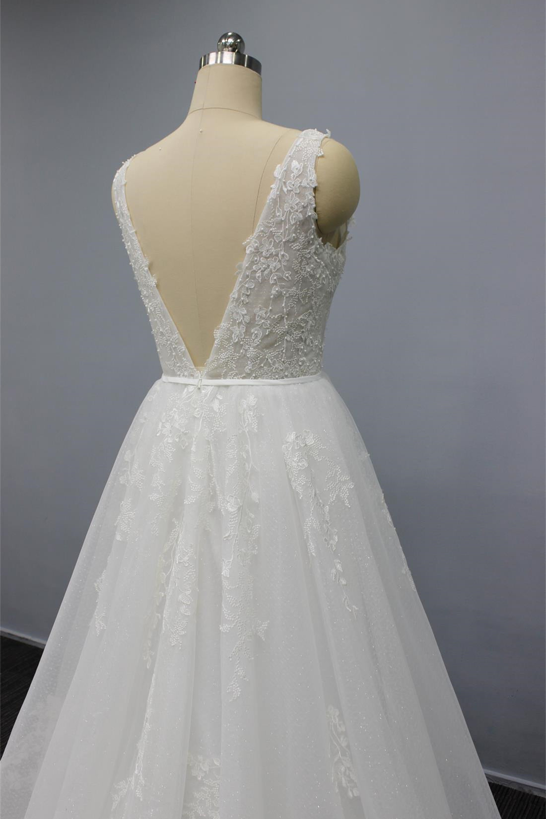White V Neck Tulle Wedding Dress with Flower Appliques & Beaded Open Back-BallBride
