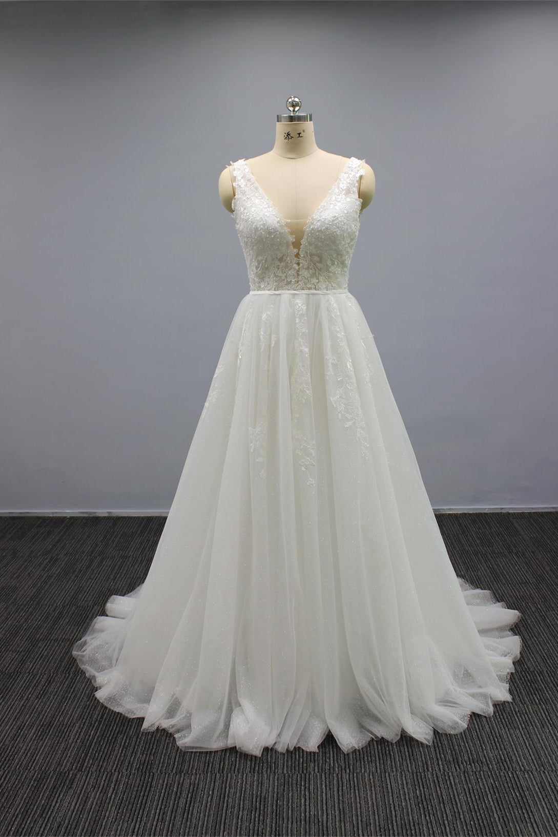 White V Neck Tulle Wedding Dress with Flower Appliques & Beaded Open Back-BallBride