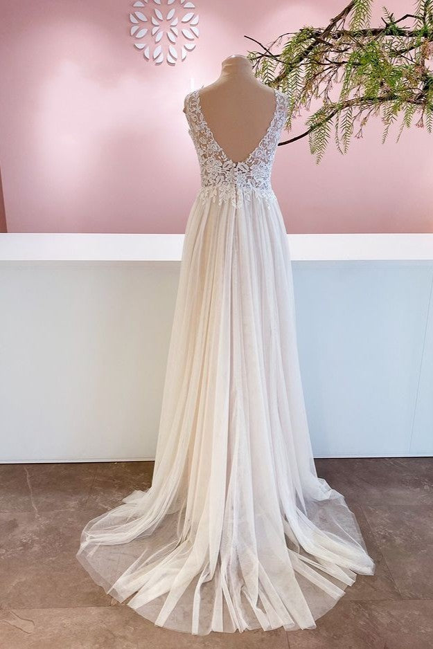 Wide Straps A-Line Floor-Length Wedding Dress with Floral Lace Tulle Ruffles & Backless Design-BallBride