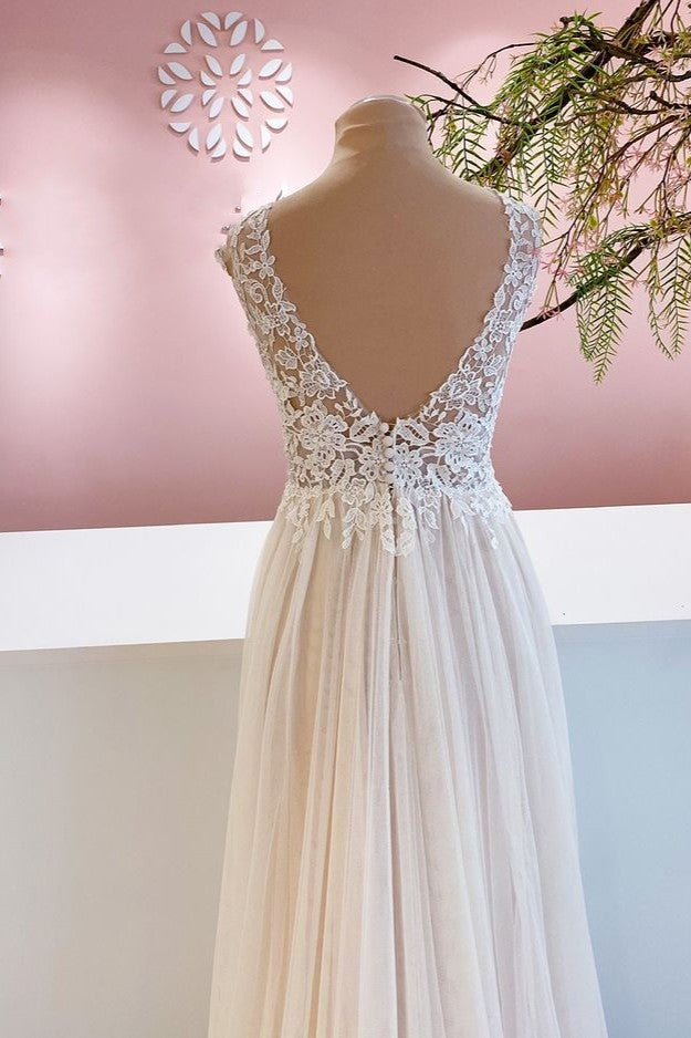 Wide Straps A-Line Floor-Length Wedding Dress with Floral Lace Tulle Ruffles & Backless Design-BallBride