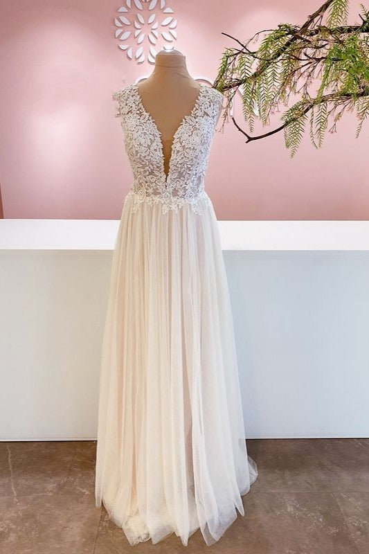 Wide Straps A-Line Floor-Length Wedding Dress with Floral Lace Tulle Ruffles & Backless Design-BallBride
