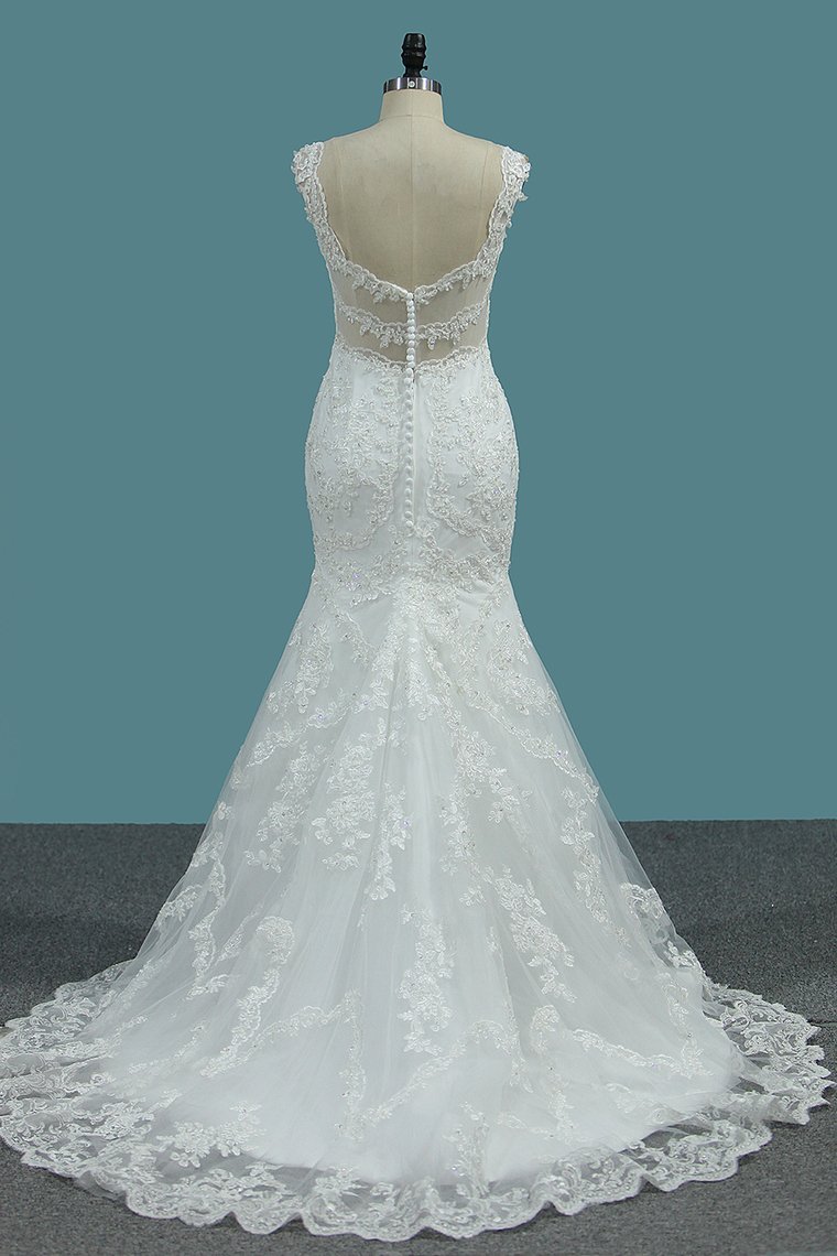 Wide Straps V-neck Mermaid Wedding Dress With Appliques Lace-BallBride