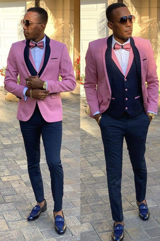 Willie Pink Men Suits - Easy Fit Shawl Lapel Three Pieces-BallBride