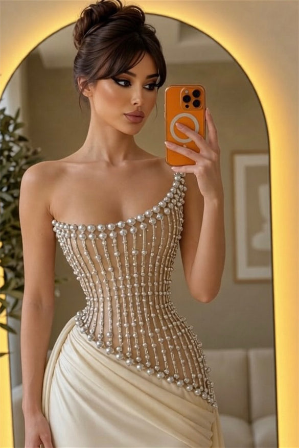 Chic Strapless Sleeveless Mermaid Satin Wedding Dresses Column With Pleats Pearls