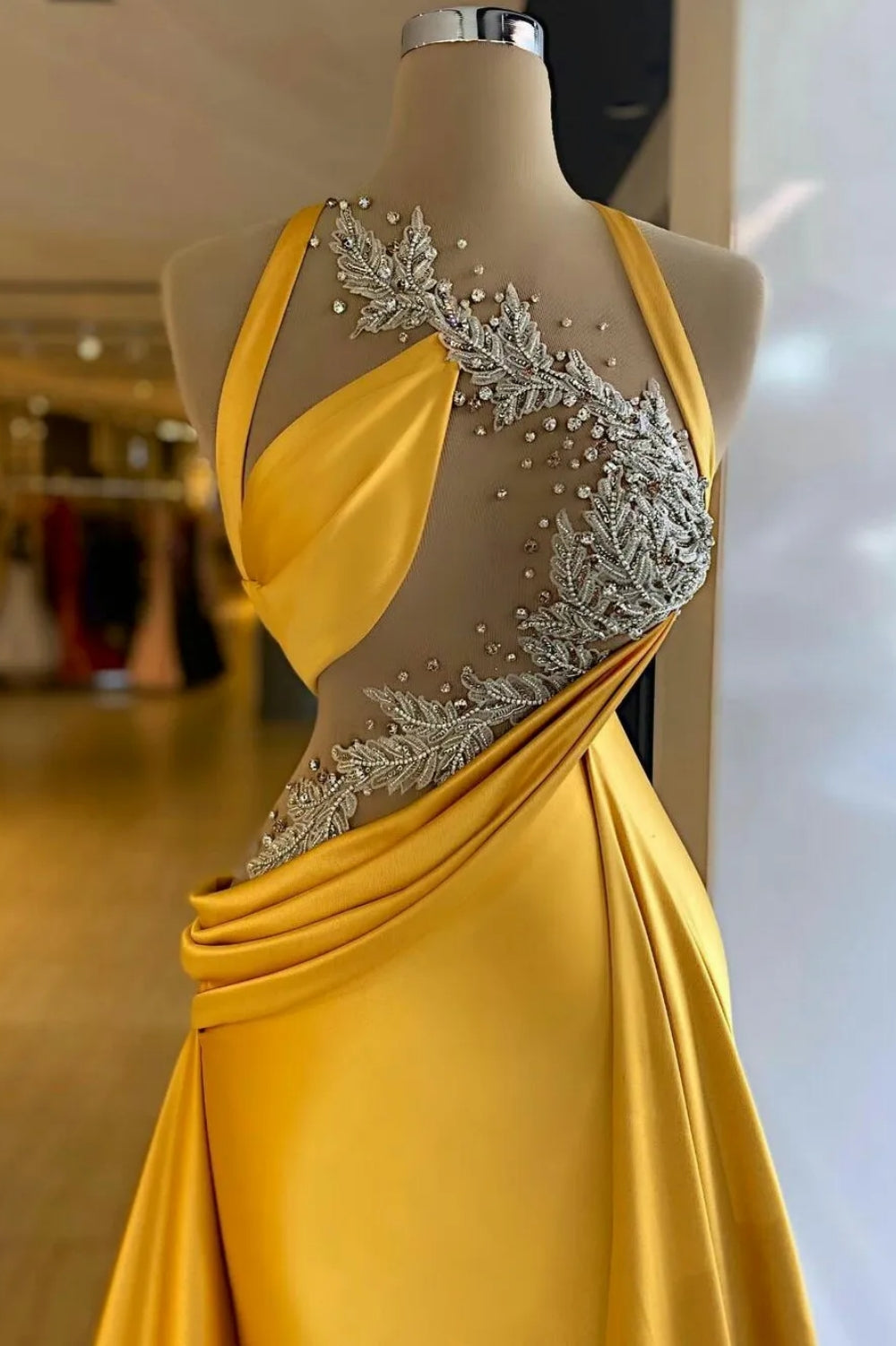 Yellow Long Mermaid Halter Sleeveless Satin Prom Dresses with Train-BallBride