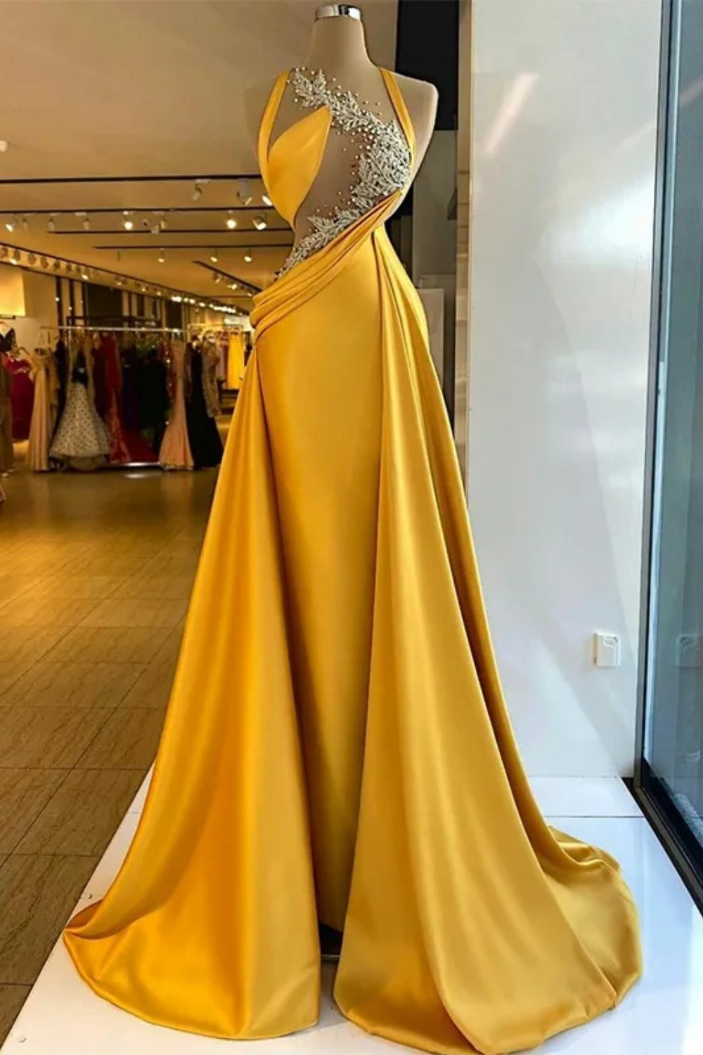 Yellow Long Mermaid Halter Sleeveless Satin Prom Dresses with Train-BallBride