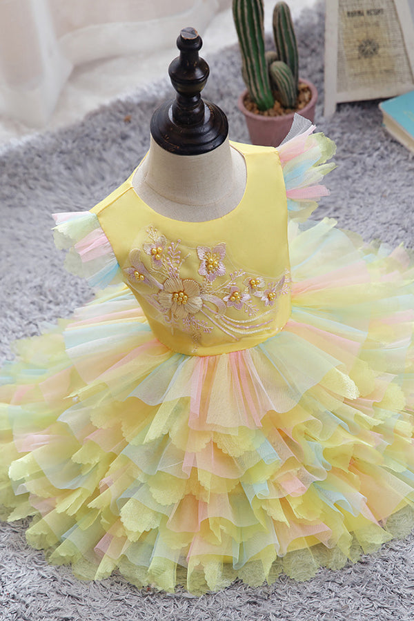 Yellow Tulle Ruffles Flower Girl Dress for Weddings with Appliques-BallBride