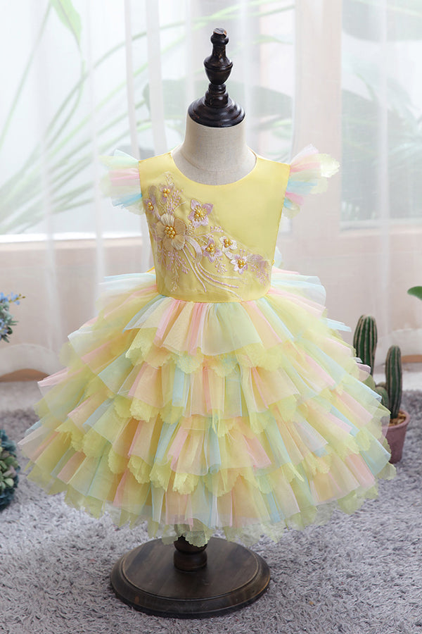 Yellow Tulle Ruffles Flower Girl Dress for Weddings with Appliques-BallBride