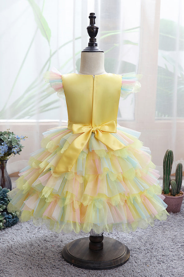 Yellow Tulle Ruffles Flower Girl Dress for Weddings with Appliques-BallBride