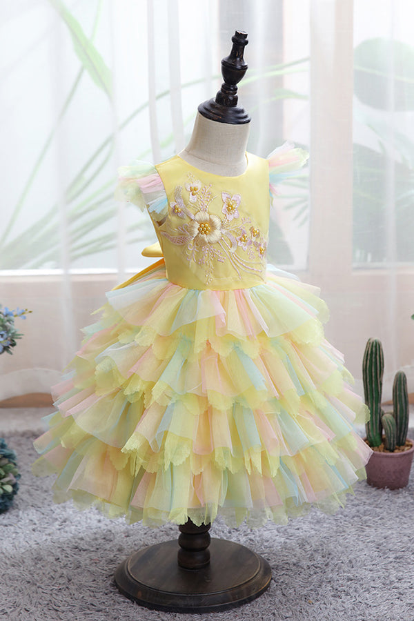 Yellow Tulle Ruffles Flower Girl Dress for Weddings with Appliques-BallBride