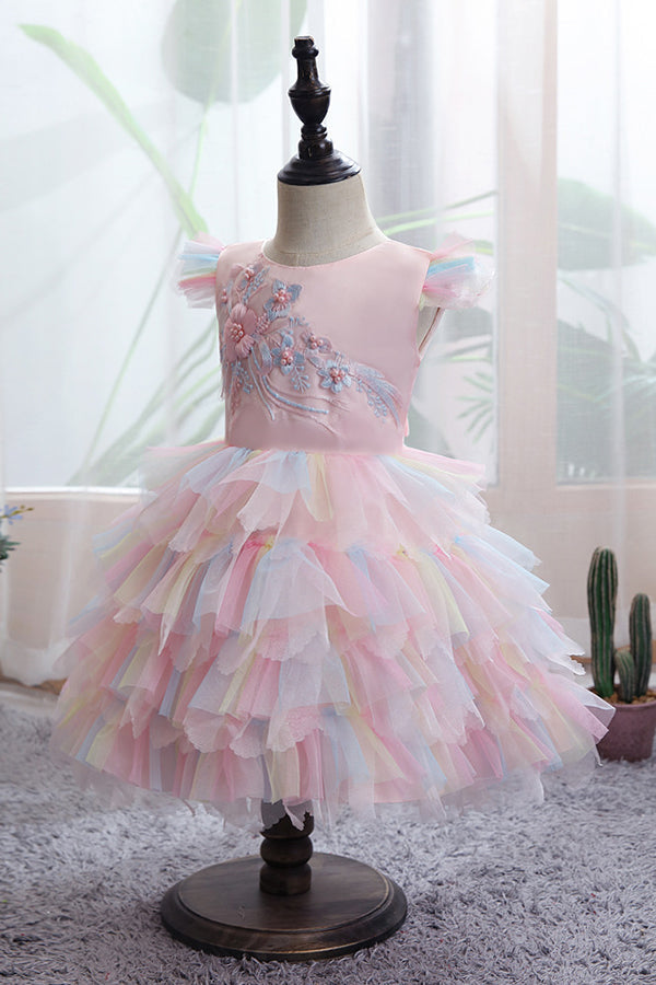 Yellow Tulle Ruffles Flower Girl Dress for Weddings with Appliques-BallBride